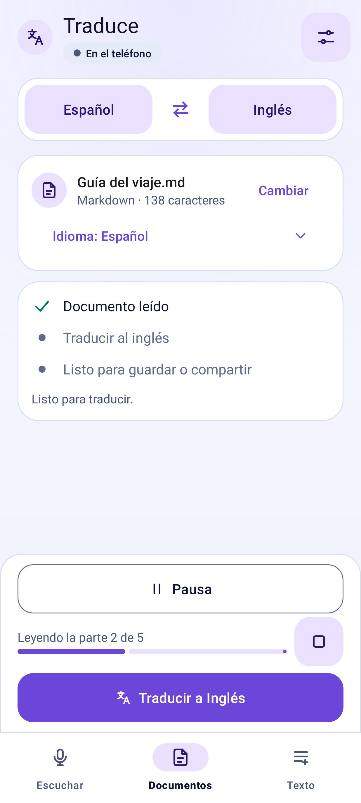 Traduce leyendo en voz alta el documento original, tema claro