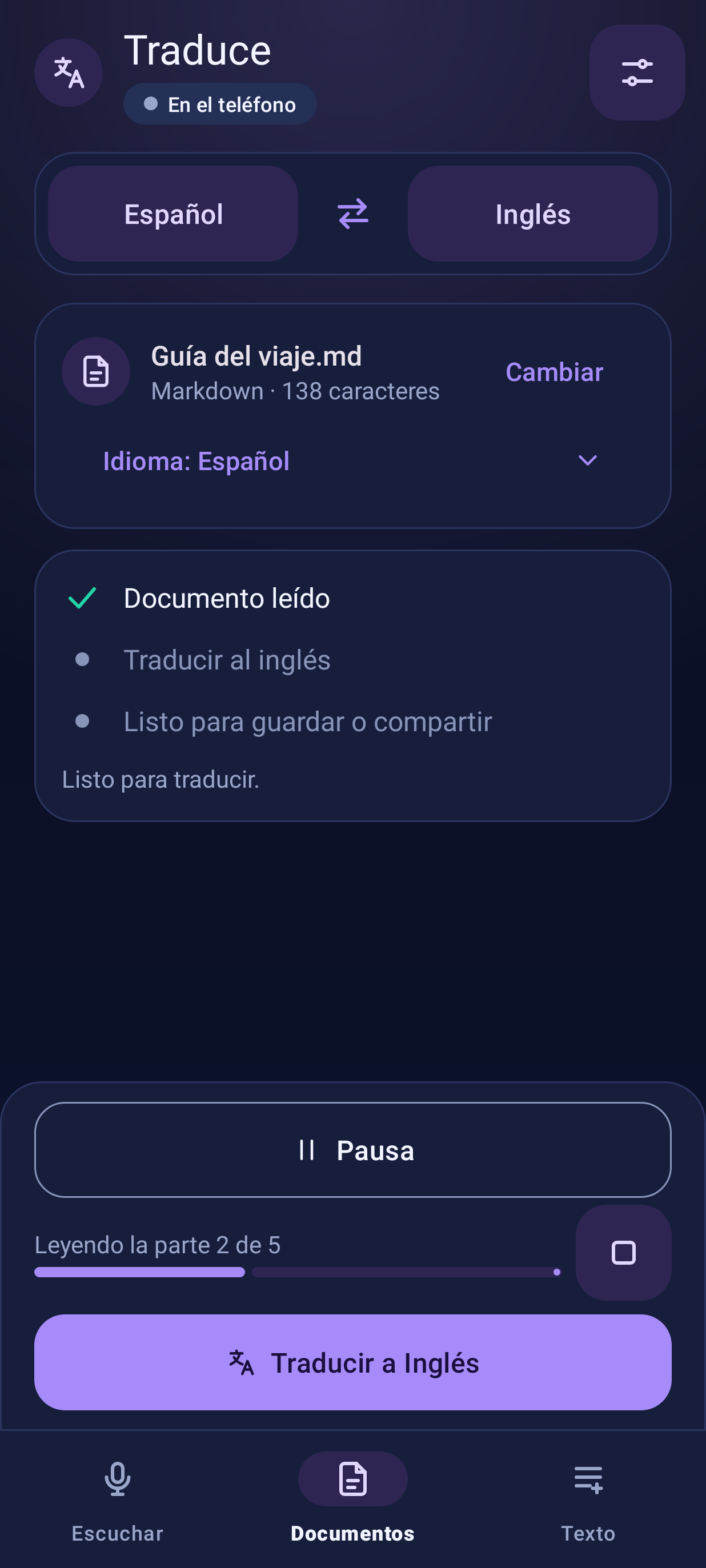 Traduce leyendo en voz alta el documento original, tema oscuro