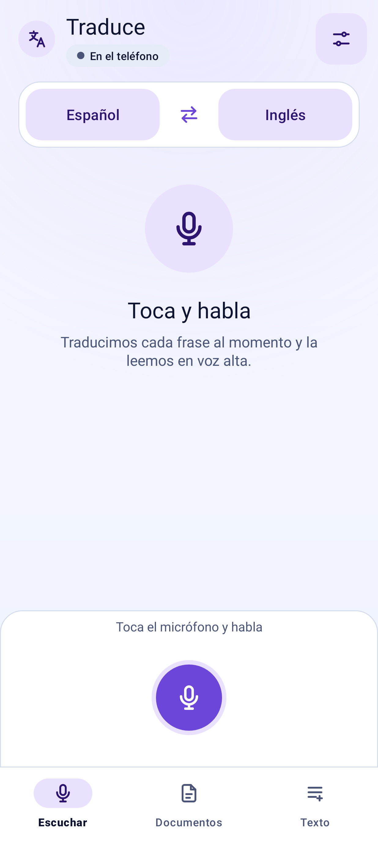 Pantalla de Traduce escuchando una conversación y mostrando la traducción, tema claro