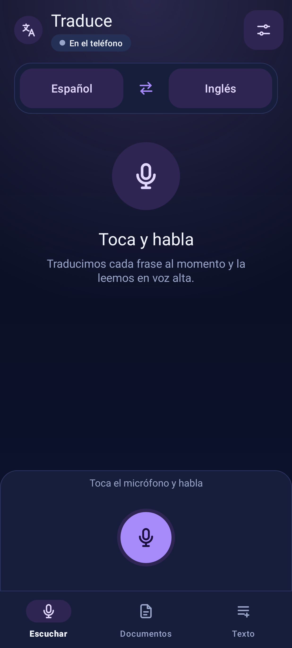 Pantalla de Traduce escuchando una conversación y mostrando la traducción, tema oscuro